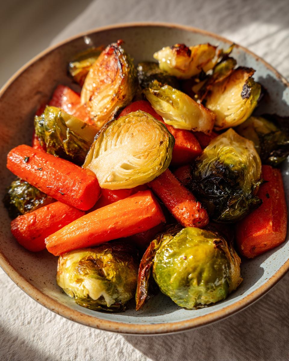 A close-up overhead view of a bowl filled with perfectly roasted brussels sprouts and carrots.