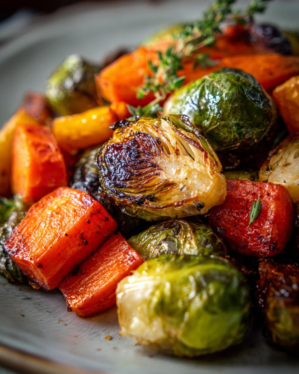 A close-up of perfectly roasted brussels sprouts and carrots, glistening and slightly caramelized, with fresh herbs.