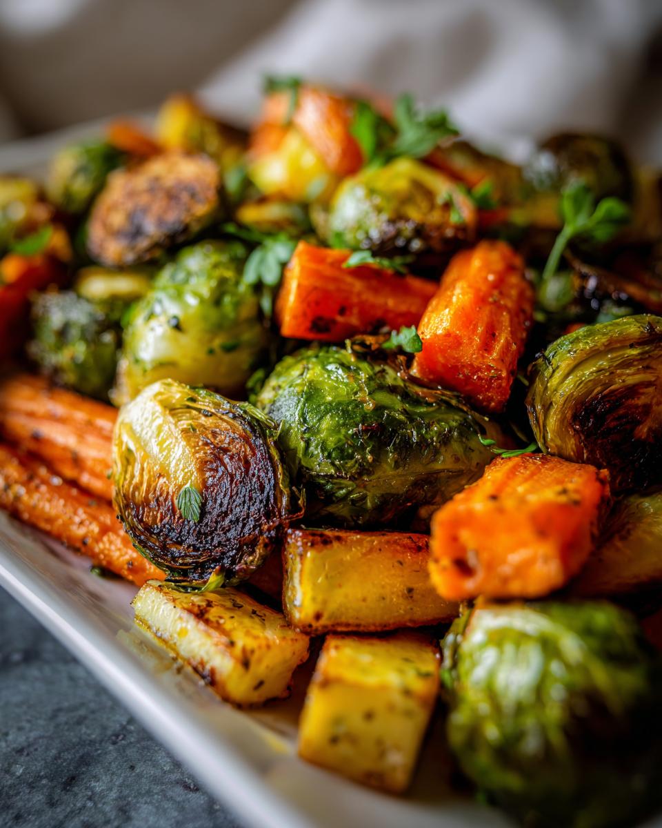 A close-up view of roasted brussels sprouts and carrots, garnished with fresh parsley, on a white platter.