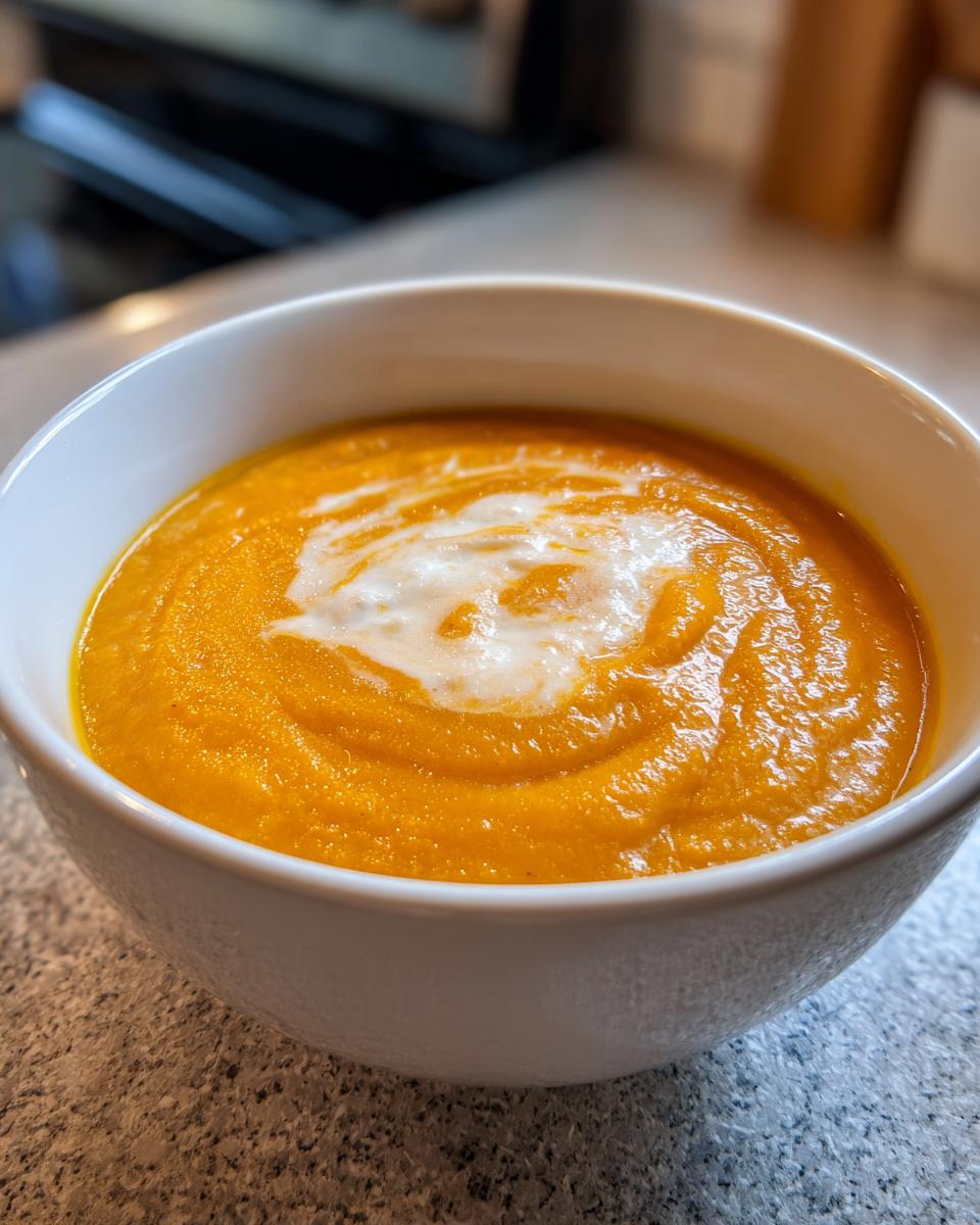 A close-up of a white bowl filled with creamy Roasted Butternut Squash Soup, swirled with cream.