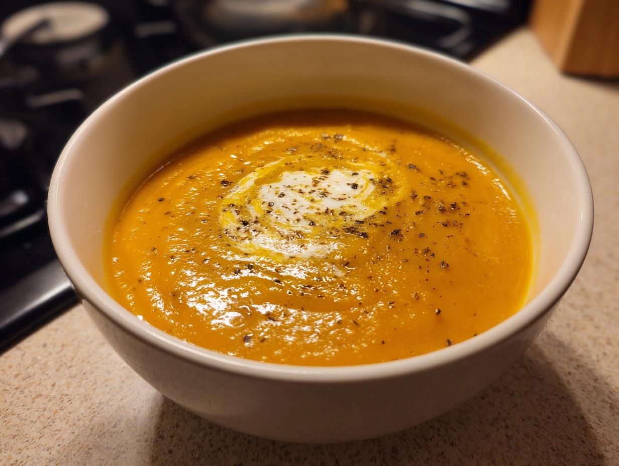 A close-up of a white bowl filled with vibrant orange Roasted Butternut Squash Soup, swirled with cream and sprinkled with herbs.