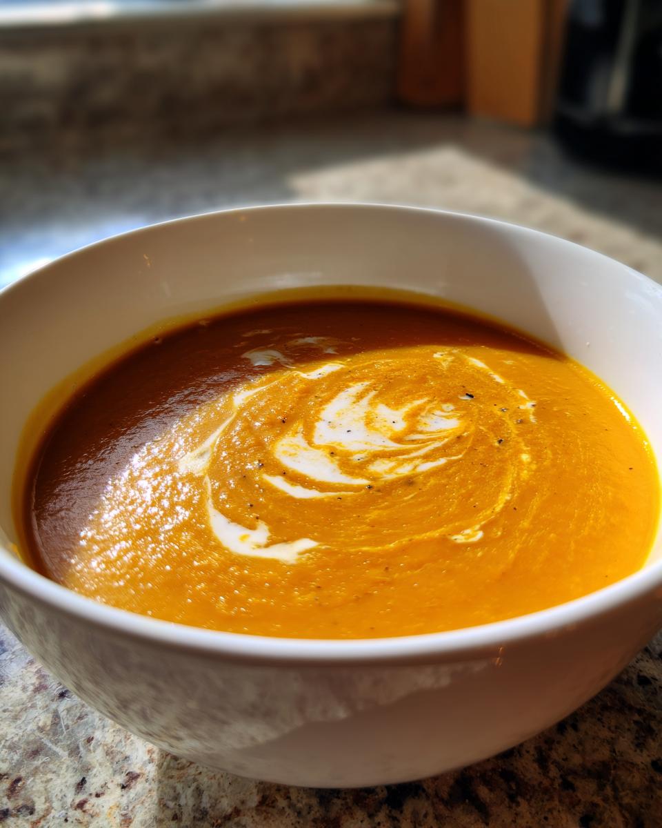 A close-up of a bowl of vibrant orange Roasted Butternut Squash Soup, swirled with cream and sprinkled with black pepper.