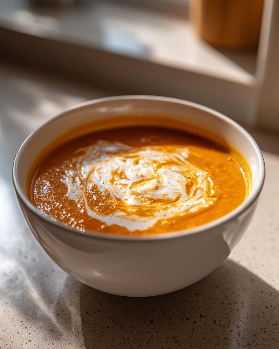 A bowl of vibrant orange Roasted Butternut Squash Soup topped with a swirl of cream.
