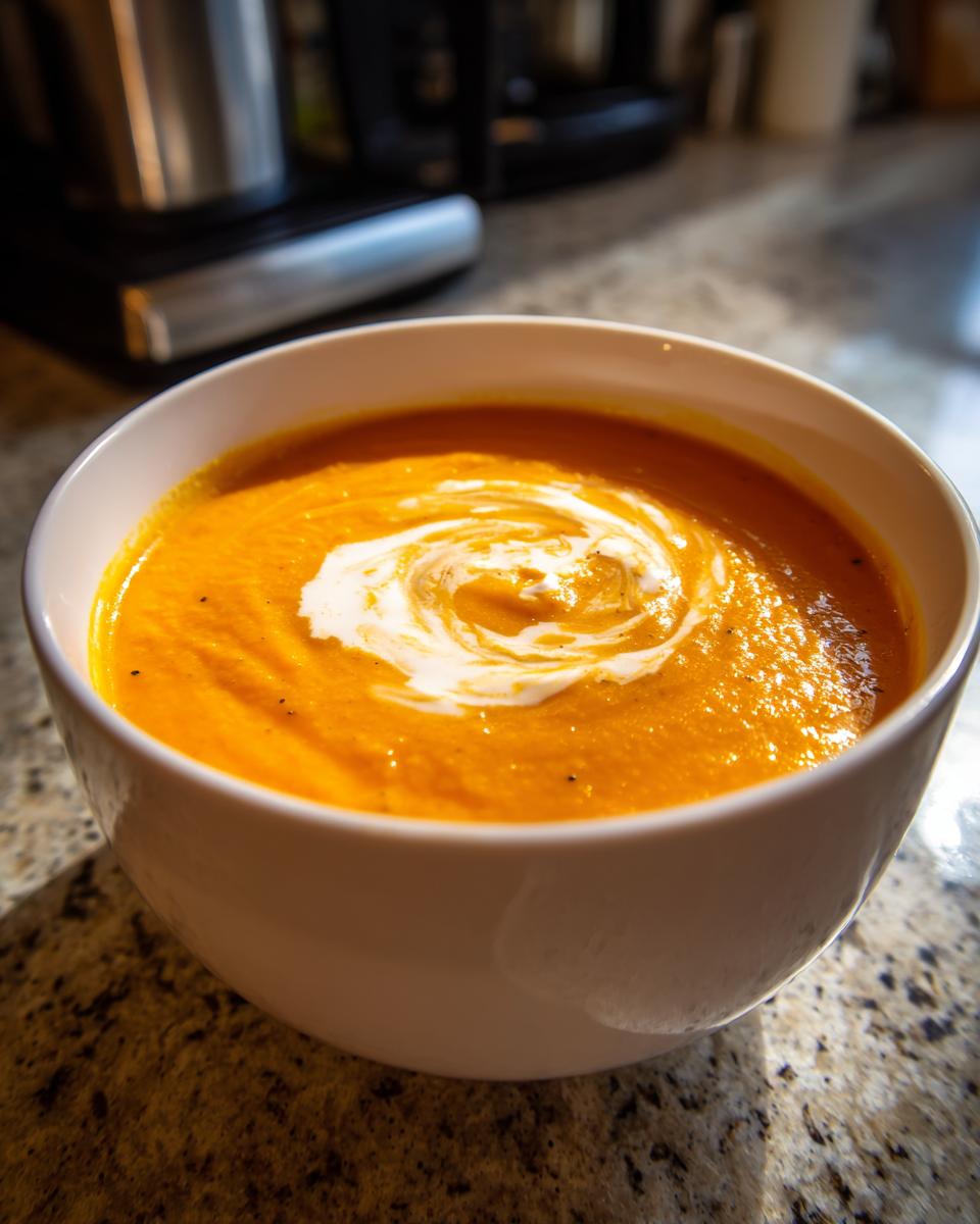 A bowl of vibrant orange Roasted Butternut Squash Soup with a swirl of cream on top.