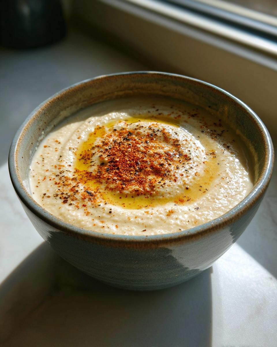 A close-up of a bowl of velvety roasted cauliflower soup, drizzled with olive oil and sprinkled with paprika and black pepper.