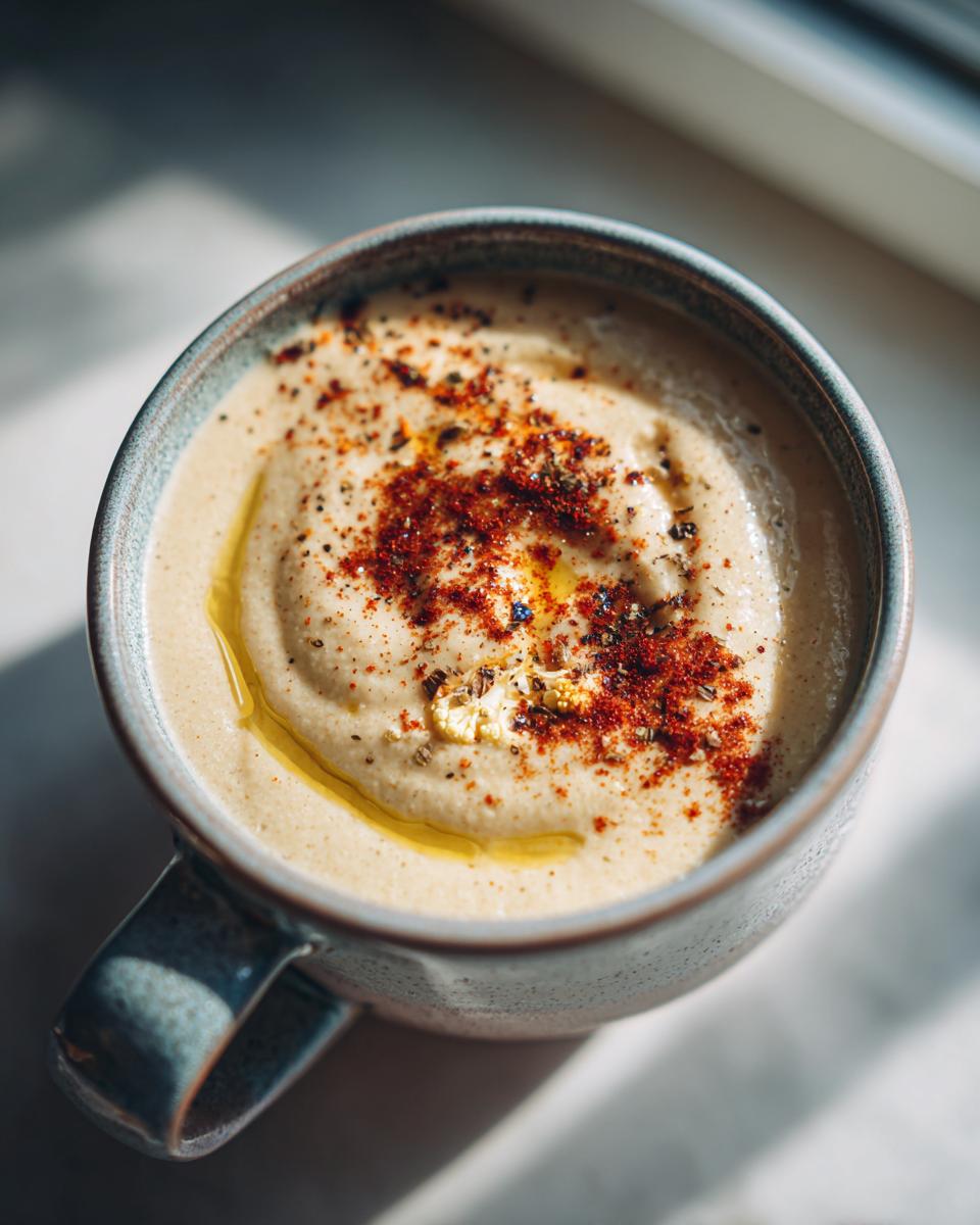 A close-up of a bowl of velvety Roasted Cauliflower Soup, drizzled with olive oil and sprinkled with paprika and herbs.