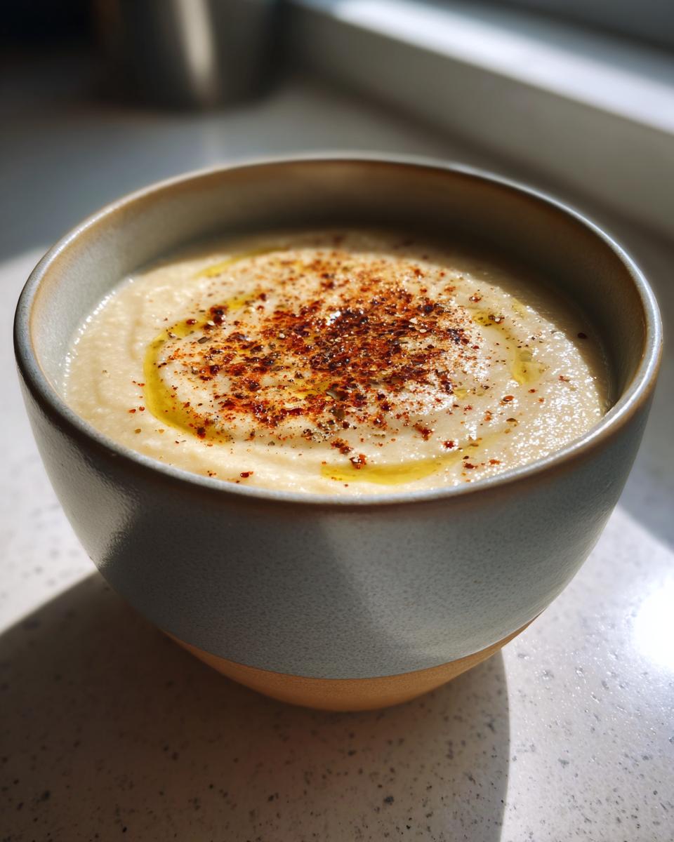 A close-up of a bowl of velvety roasted cauliflower soup, drizzled with olive oil and sprinkled with paprika.