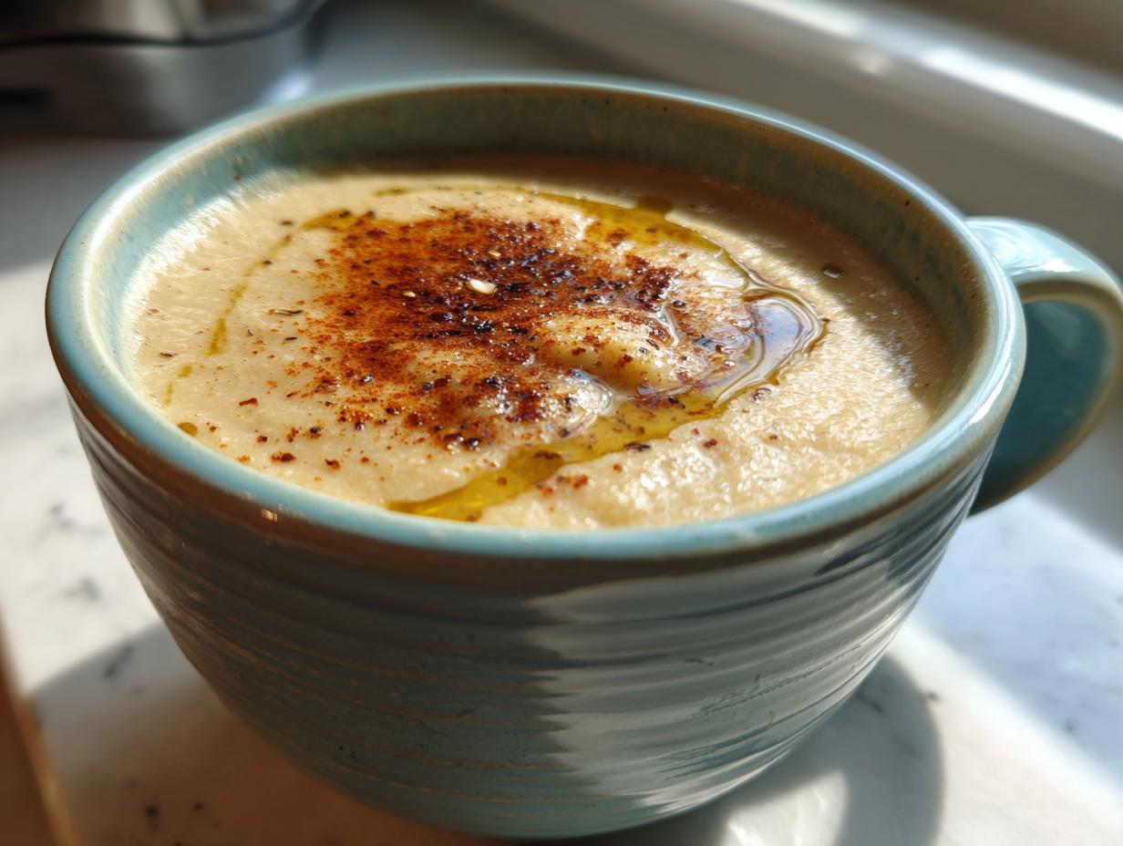 A close-up of a blue bowl filled with velvety roasted cauliflower soup, drizzled with olive oil and sprinkled with paprika.