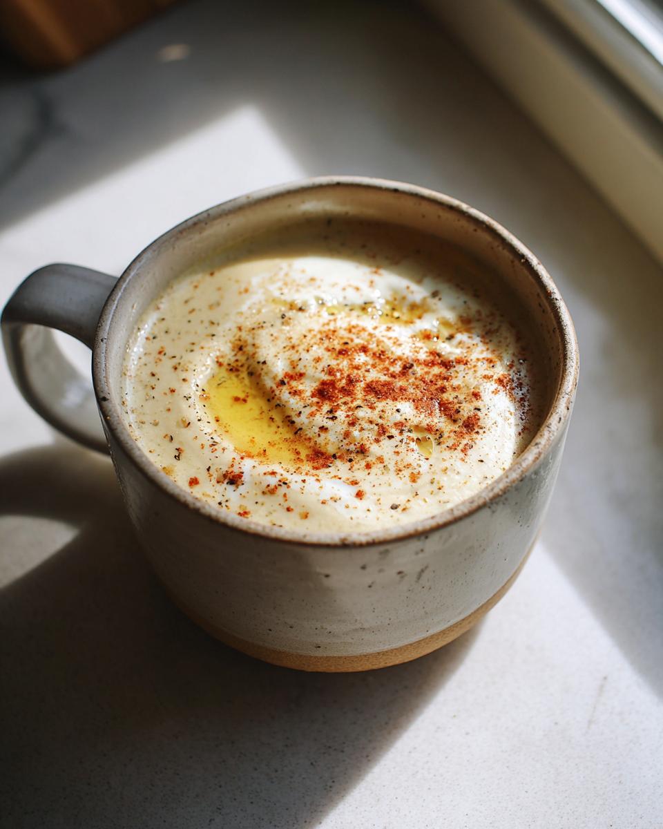 Close-up of a mug filled with creamy Roasted Cauliflower Soup, topped with a swirl of cream, olive oil, and paprika.