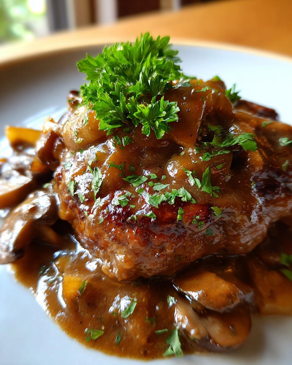 Close-up of a juicy Salisbury steak topped with rich mushroom gravy and fresh parsley.