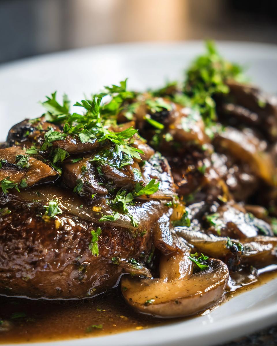 Close-up of tender Salisbury steak topped with sautéed mushrooms and fresh parsley in a rich gravy.
