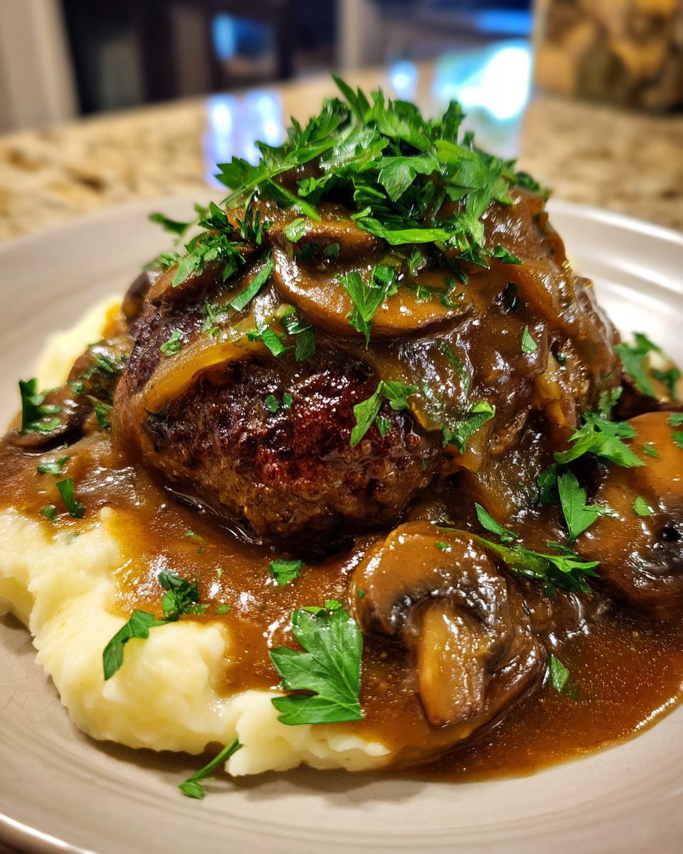 A close-up of Salisbury steak served over mashed potatoes, topped with rich mushroom gravy and fresh parsley.
