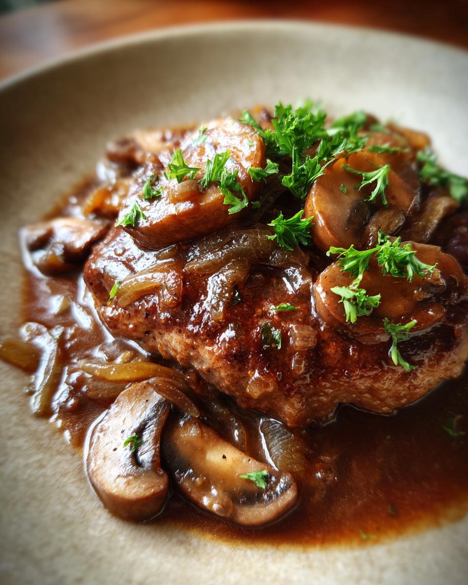 Close-up of a juicy Salisbury steak topped with sautéed mushrooms, onions, and fresh parsley in a rich brown gravy.