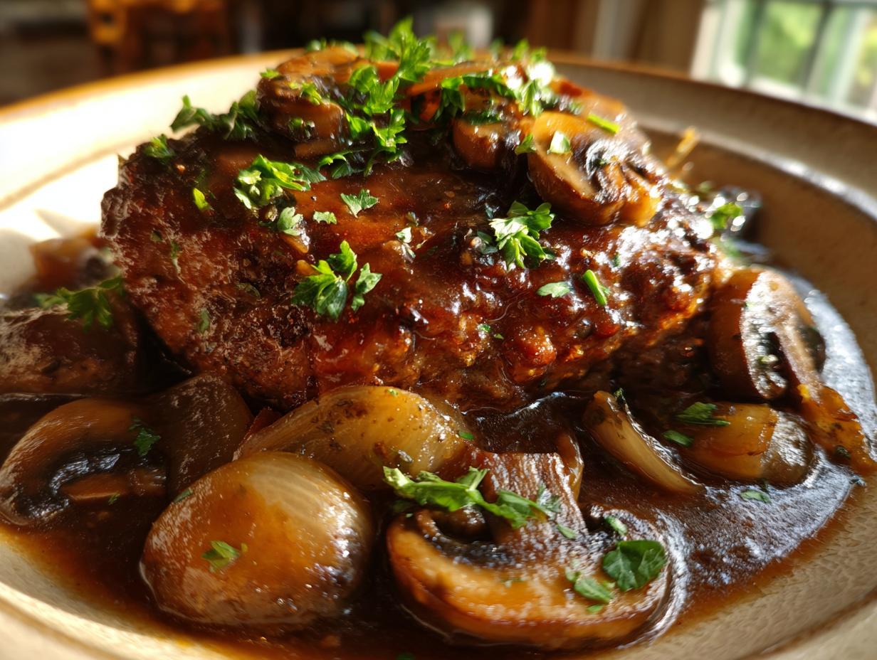 Close-up of a juicy Salisbury steak smothered in mushroom and onion gravy, garnished with fresh parsley.