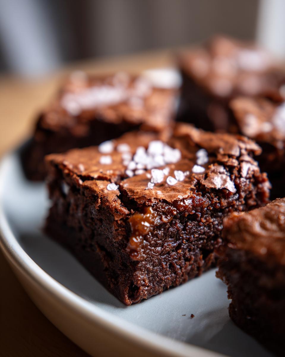 Close-up of decadent Salted Caramel Brownies topped with flaky sea salt and a gooey caramel swirl.