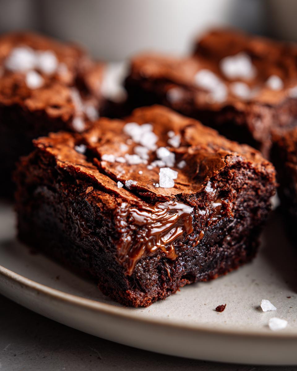 Close-up of a decadent salted caramel brownie with gooey caramel filling and flaky sea salt on top.
