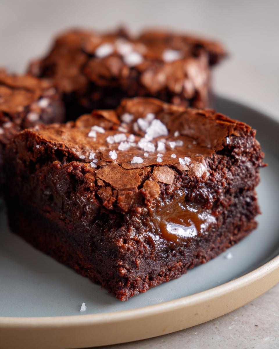 Close-up of a decadent salted caramel brownie with a gooey caramel center and flaky sea salt on top.