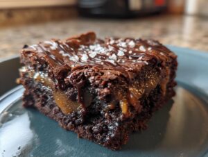 A rich, fudgy slice of Salted Caramel Brownies topped with chocolate drizzle and flaky sea salt.