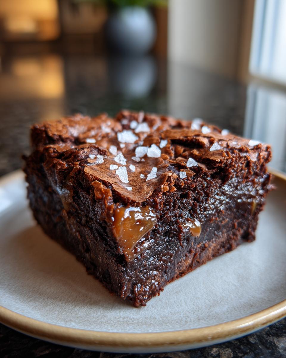 A close-up of a rich, fudgy salted caramel brownie slice on a plate, topped with flaky sea salt.
