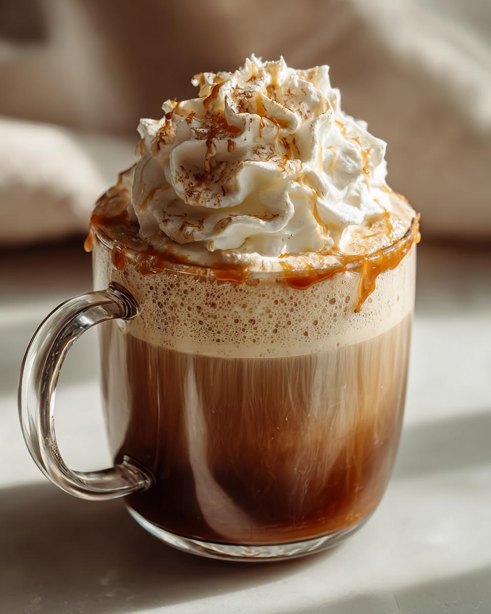 A close-up of a delicious Salted Caramel Latte topped with whipped cream, caramel drizzle, and cinnamon.