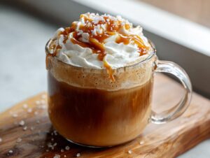 A close-up of a delicious Salted Caramel Latte topped with whipped cream, caramel drizzle, and sea salt flakes.