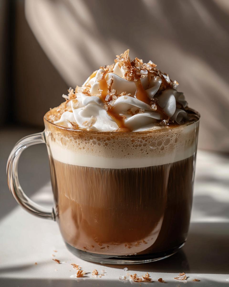 A close-up of a Salted Caramel Latte topped with whipped cream, caramel drizzle, and sea salt flakes.