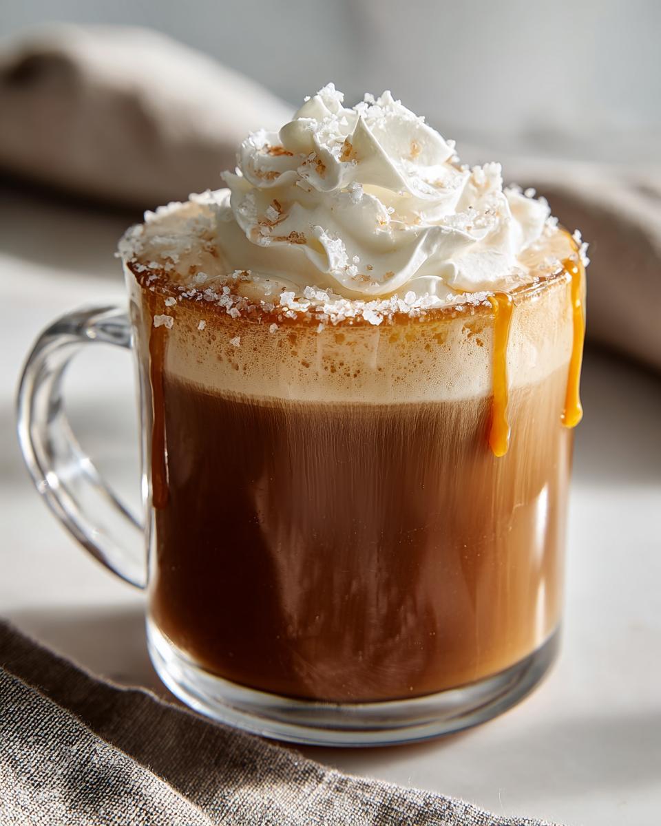 A close-up of a delicious Salted Caramel Latte topped with whipped cream and sea salt flakes.
