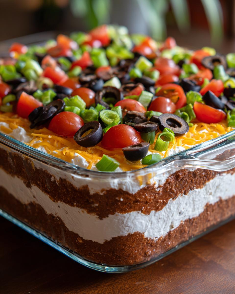 A close-up of a delicious Seven Layer Dip in a glass dish, topped with tomatoes, olives, and green onions.