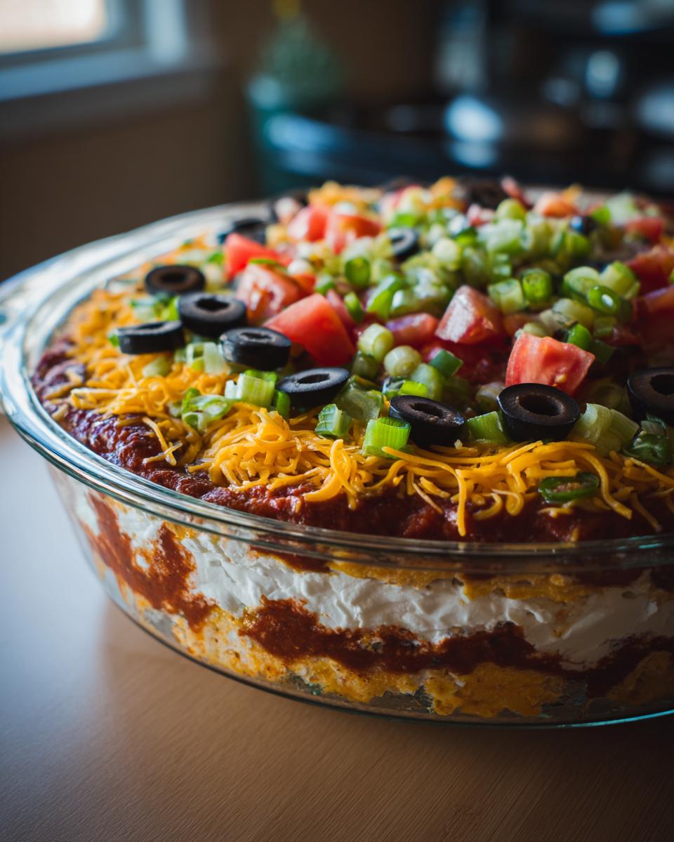 Close-up of a delicious Seven Layer Dip in a glass dish, topped with shredded cheese, olives, tomatoes, and green onions.