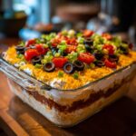 A delicious Seven Layer Dip in a glass dish, topped with shredded cheese, olives, tomatoes, and green onions.