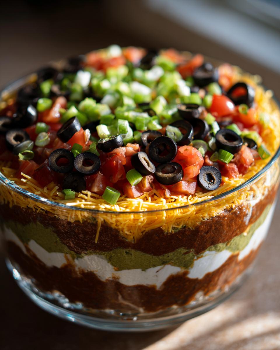 A close-up of a vibrant Seven Layer Dip in a clear glass bowl, topped with tomatoes, olives, and green onions.