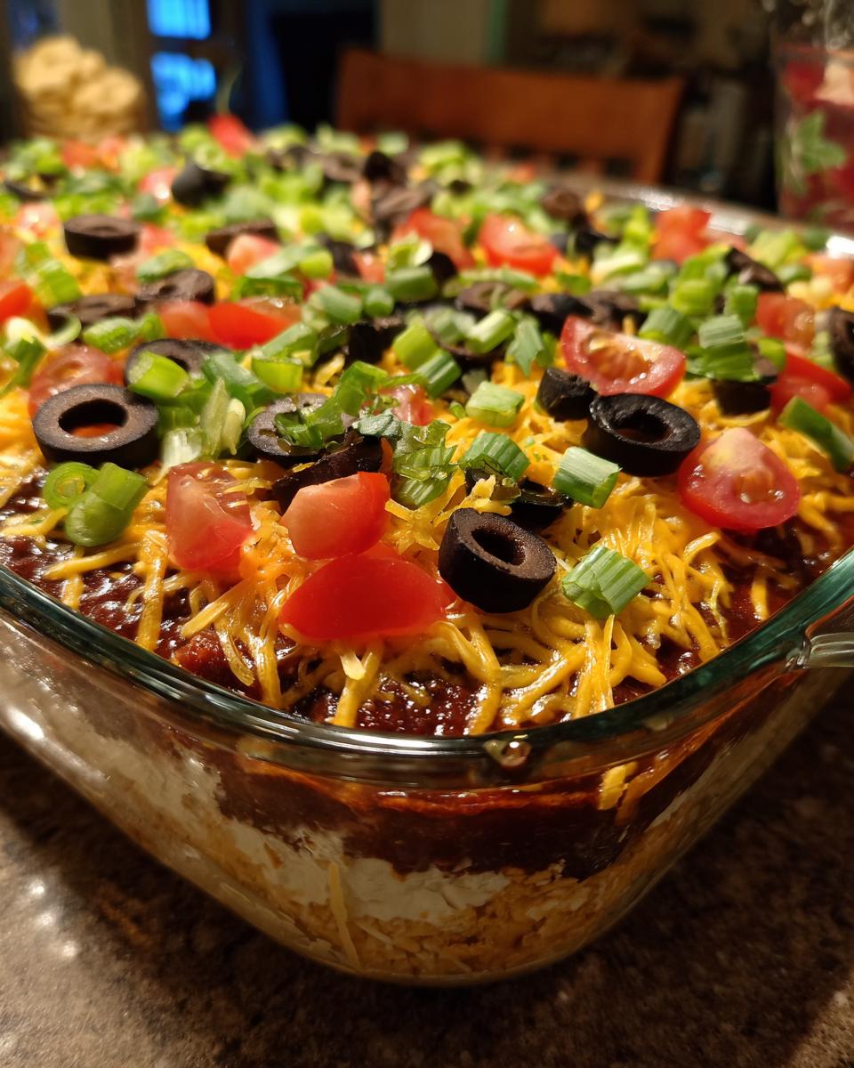 A close-up view of a delicious Seven Layer Dip in a glass baking dish, topped with shredded cheese, tomatoes, olives, and green onions.