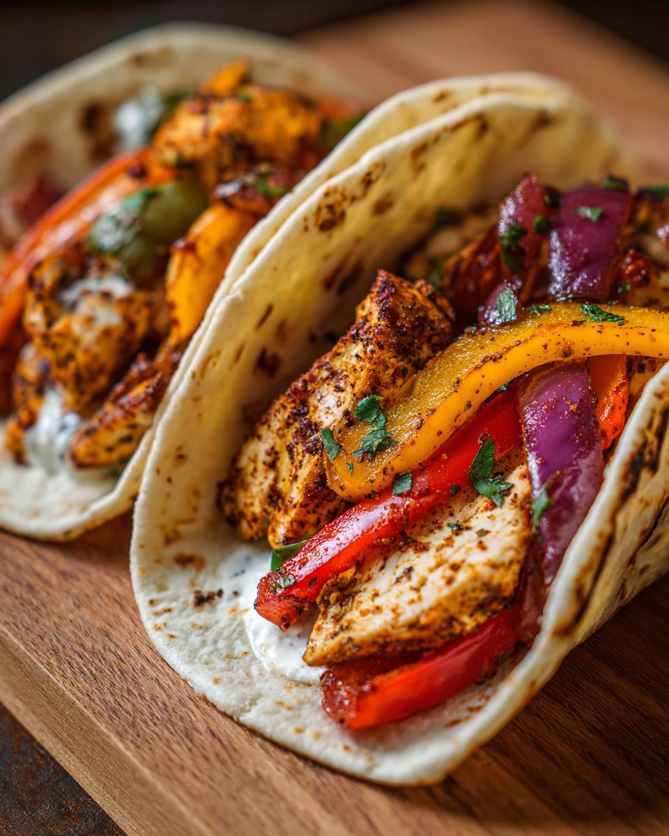 Close-up of two Sheet Pan Chicken Tacos filled with seasoned chicken, red and yellow bell peppers, and red onion on a wooden board.