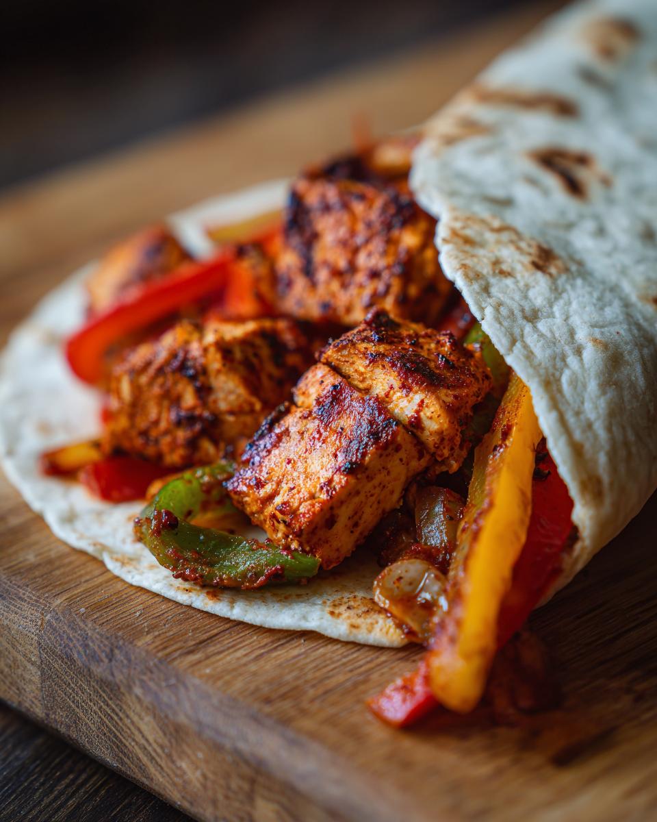 Close-up of a Sheet Pan Chicken Taco filled with seasoned chicken pieces and colorful bell peppers on a wooden board.