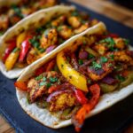 Close-up of two Sheet Pan Chicken Tacos filled with seasoned chicken, colorful bell peppers, and red onion, garnished with cilantro.