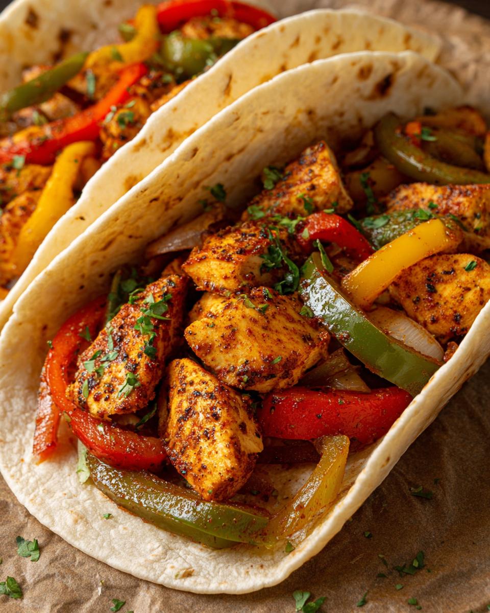 Close-up of delicious Sheet Pan Chicken Tacos filled with seasoned chicken, red, green, and yellow bell peppers, and onions.