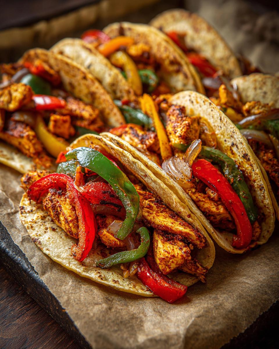 Close-up of flavorful Sheet Pan Chicken Tacos filled with seasoned chicken, red, green, and yellow bell peppers, and onions.
