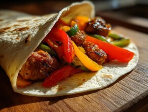 A close-up of a delicious Sheet Pan Chicken Taco filled with seasoned chicken, red, yellow, and green bell peppers.