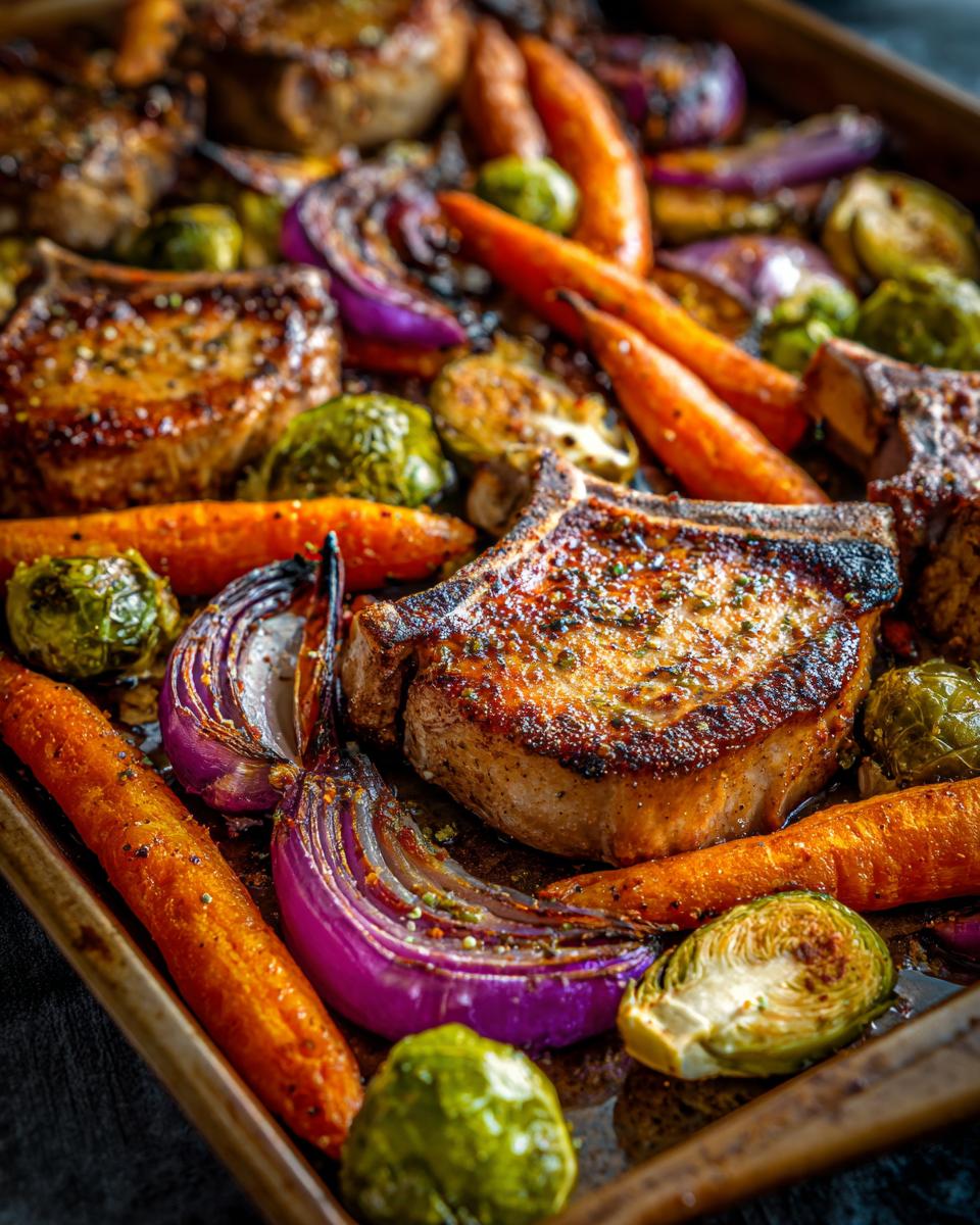 Close-up of juicy sheet pan pork chops with roasted carrots, Brussels sprouts, and red onion.