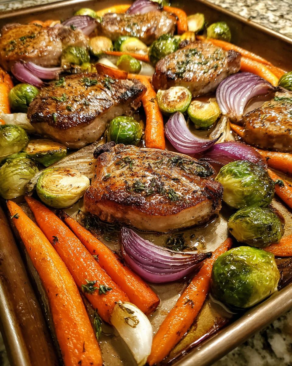 Close-up of juicy sheet pan pork chops with roasted carrots, Brussels sprouts, and red onion.