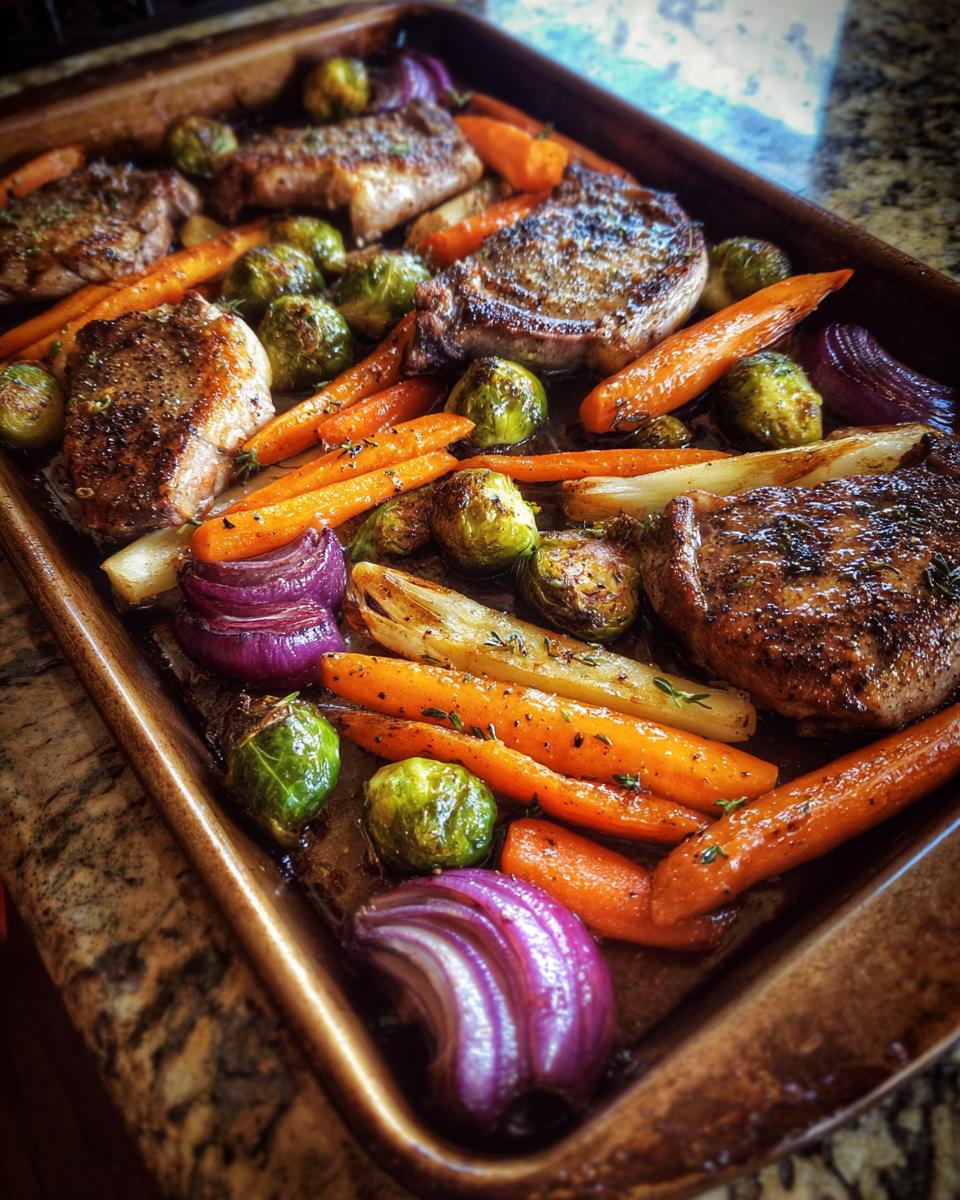 Close-up of juicy sheet pan pork chops with roasted carrots, Brussels sprouts, and red onion.