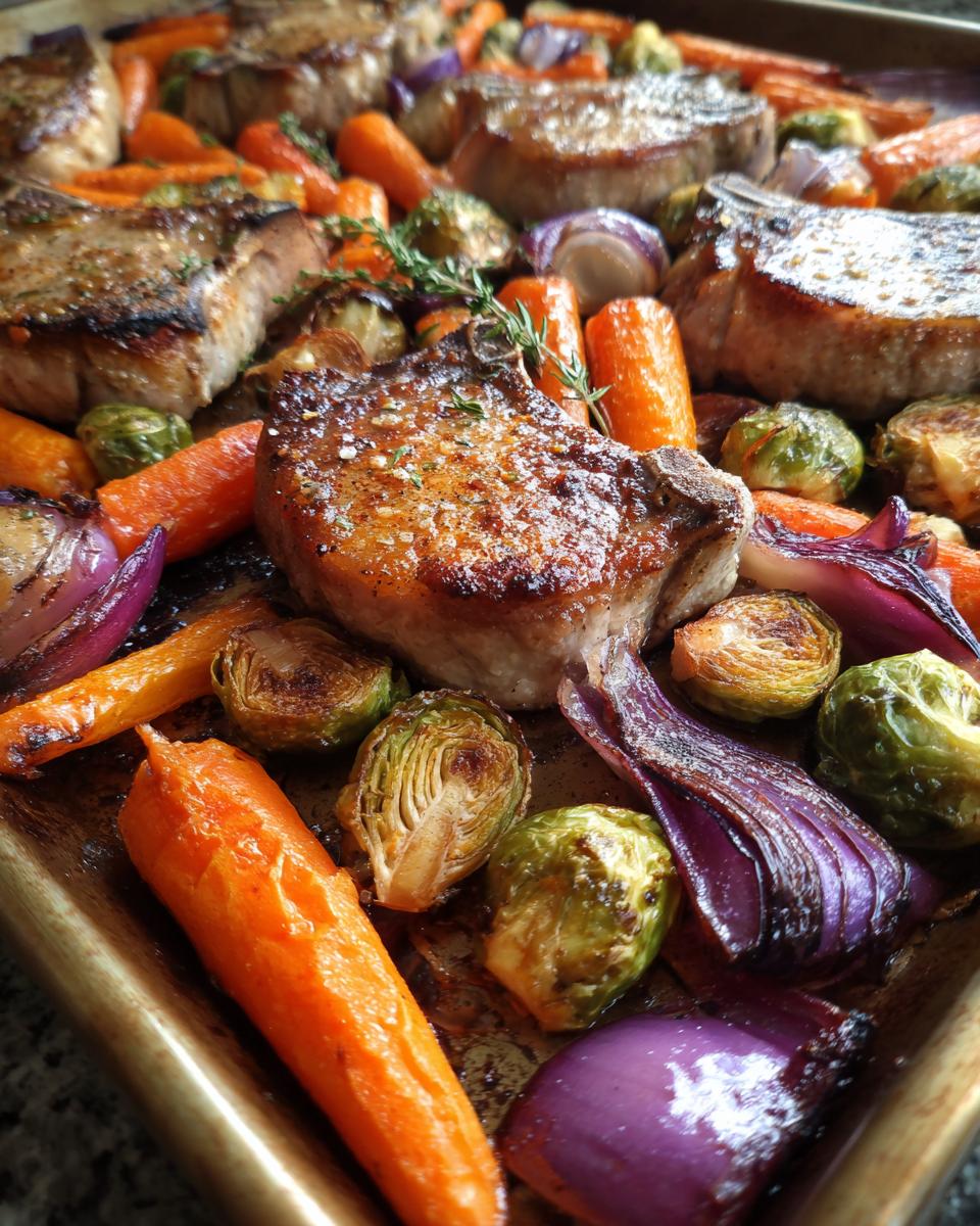 Close-up of juicy sheet pan pork chops with roasted carrots, Brussels sprouts, and red onion.