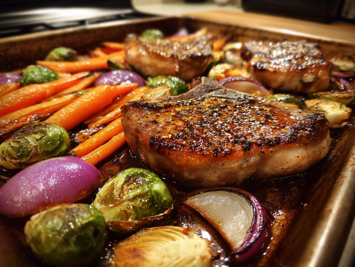 Close-up of perfectly cooked sheet pan pork chops with roasted Brussels sprouts, carrots, and red onion.
