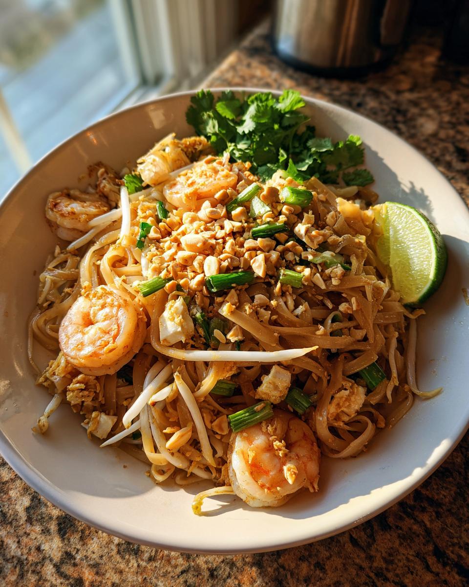 A plate of delicious Pad Thai noodles with shrimp, bean sprouts, peanuts, and a lime wedge.