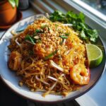 A plate of delicious Pad Thai with shrimp, bean sprouts, crushed peanuts, and a lime wedge.