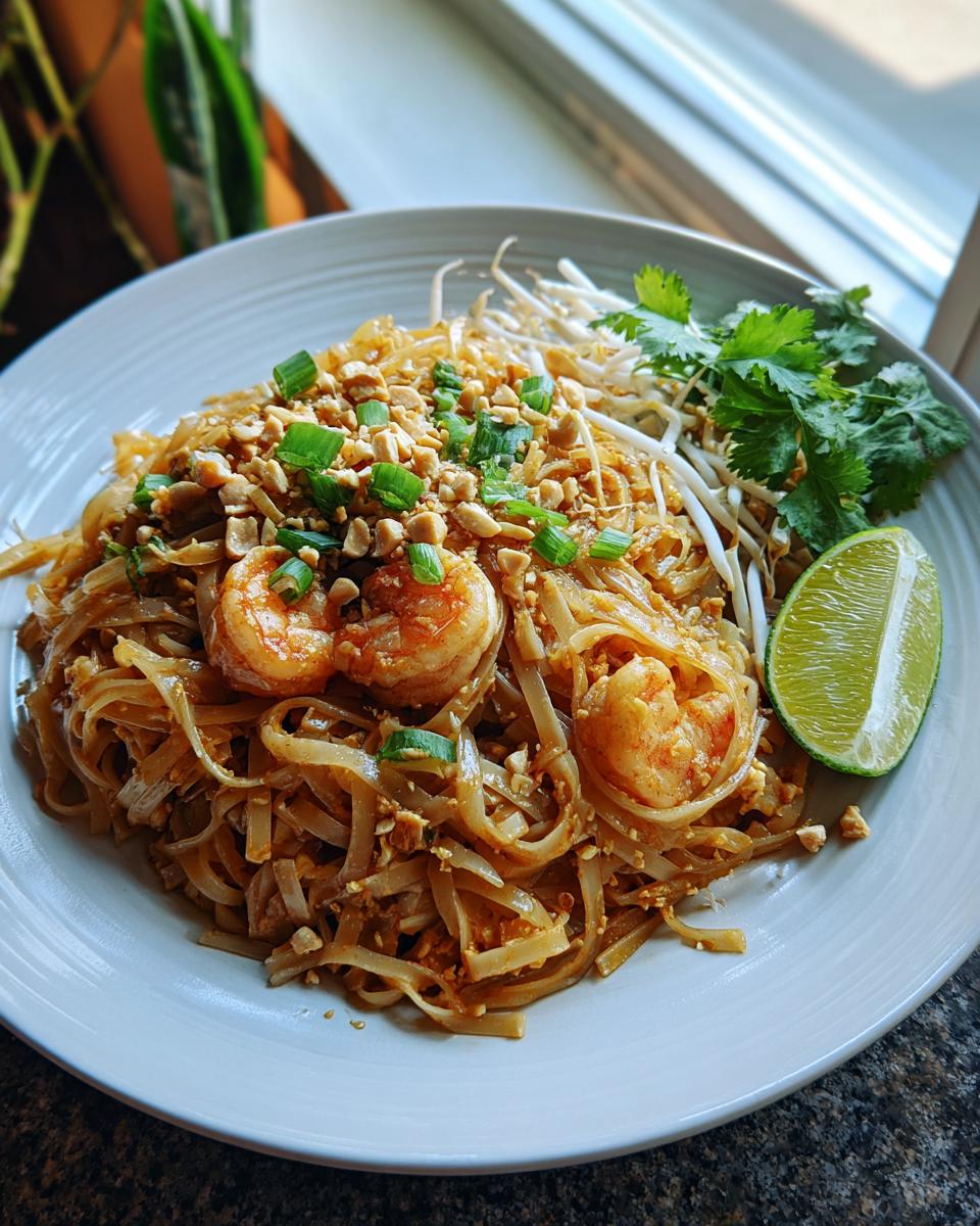 Close-up of a plate of authentic Pad Thai noodles with shrimp, bean sprouts, peanuts, cilantro, and a lime wedge.