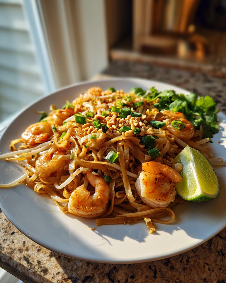 A plate of delicious Pad Thai with shrimp, rice noodles, bean sprouts, chopped peanuts, green onions, cilantro, and a lime wedge.