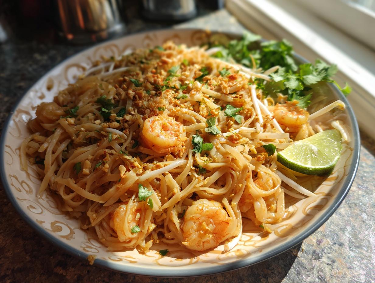A plate of flavorful Pad Thai noodles with shrimp, bean sprouts, crushed peanuts, and a lime wedge.