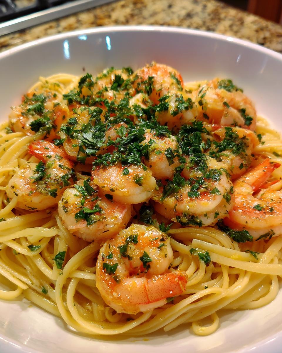 A generous serving of shrimp scampi tossed with linguine pasta and garnished with fresh parsley.