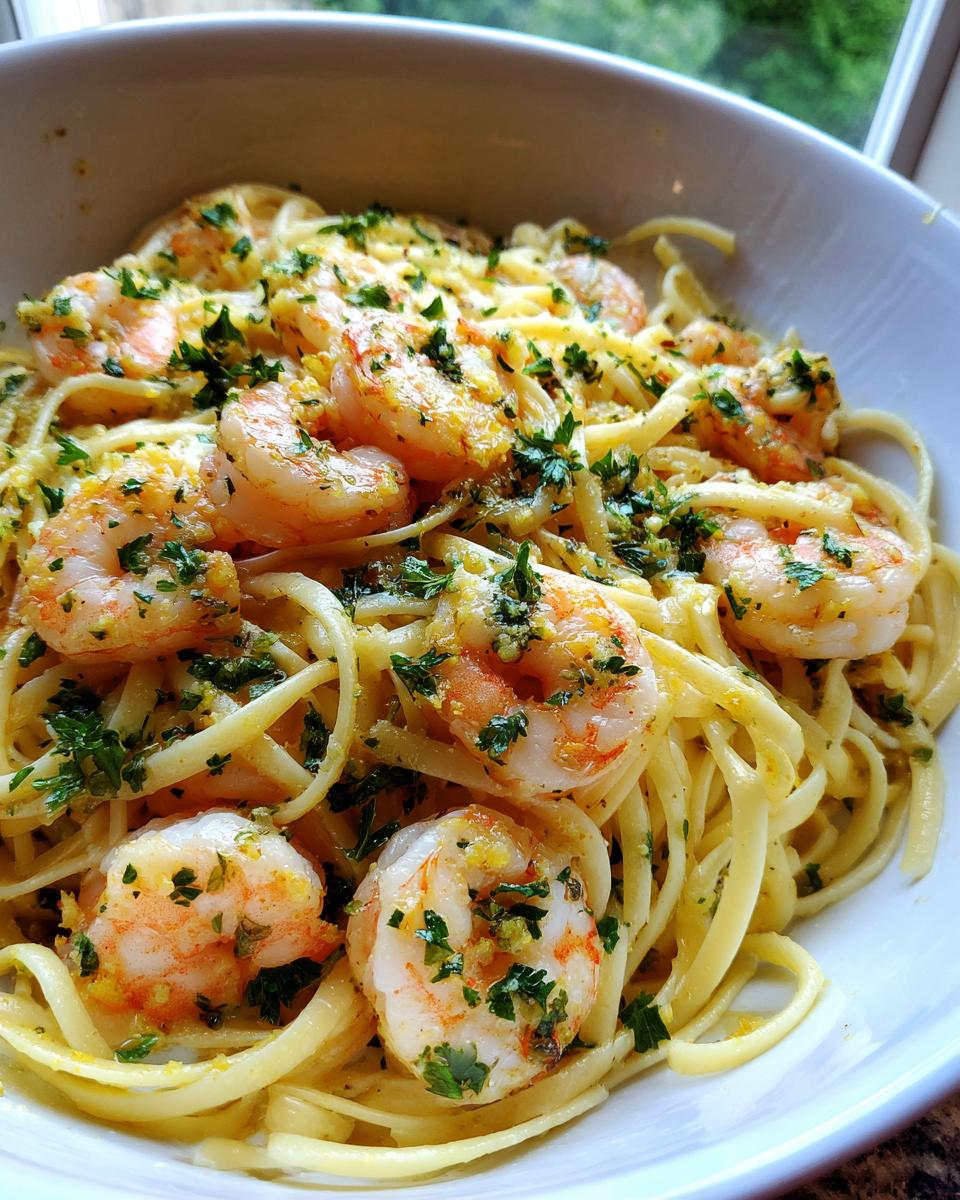 A close-up of a bowl filled with linguine pasta and plump shrimp, coated in a bright sauce and sprinkled with fresh parsley for shrimp scampi.